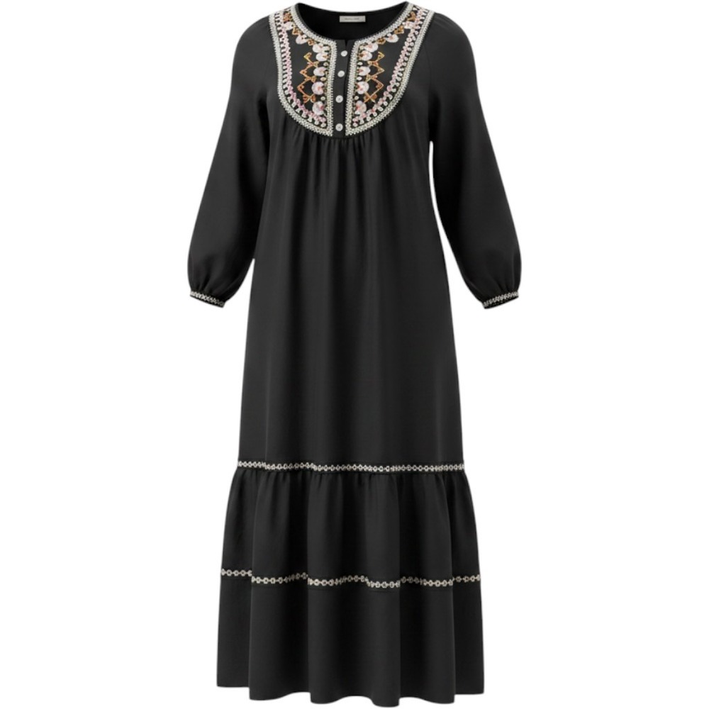 Max Studio Black Embroidered Boho Maxi Dress Long Sleeve Tiered Peasant L